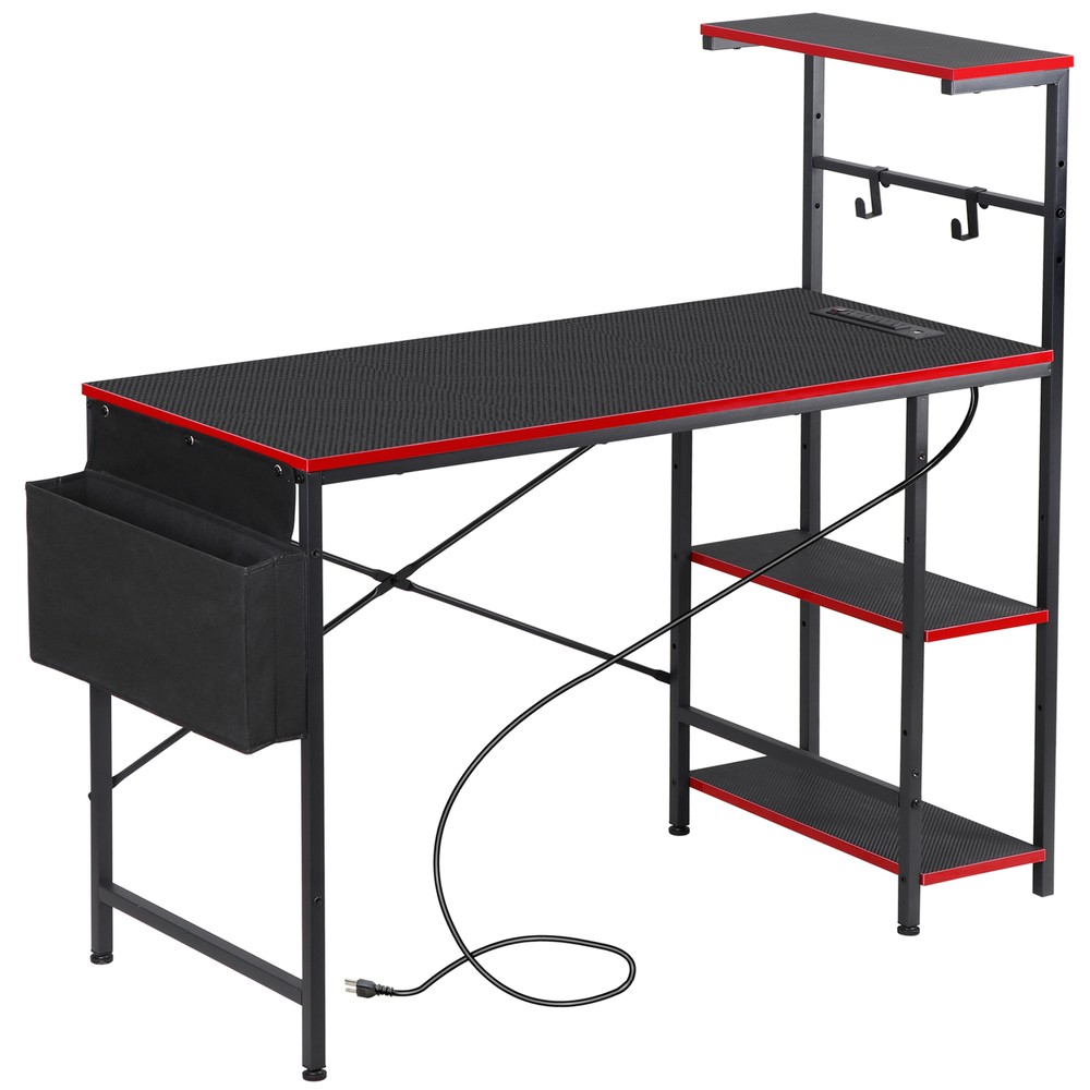 44" Computer Desk Rectangular Gaming Desk with LED Lights & Power Outlets Black