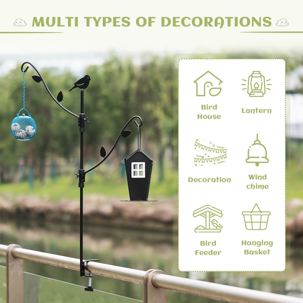 Adjustable Deck Bird Feeder Pole with Multi-Hooks - Black