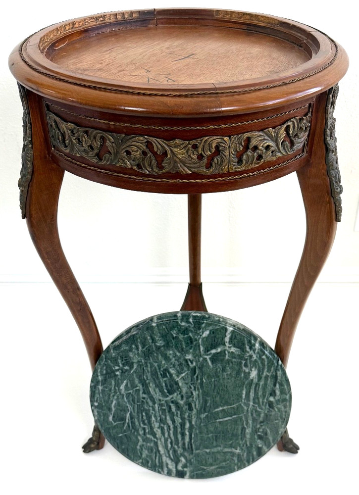 Early 20th-C Louis XV Walnut Ormolu Mounted Marble Top Side Table