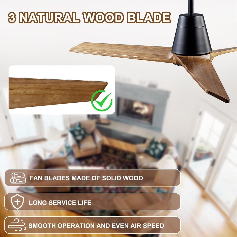 52" Ceiling Fans with Light, Solid Wood Ceiling Fan with Remote Control and D...