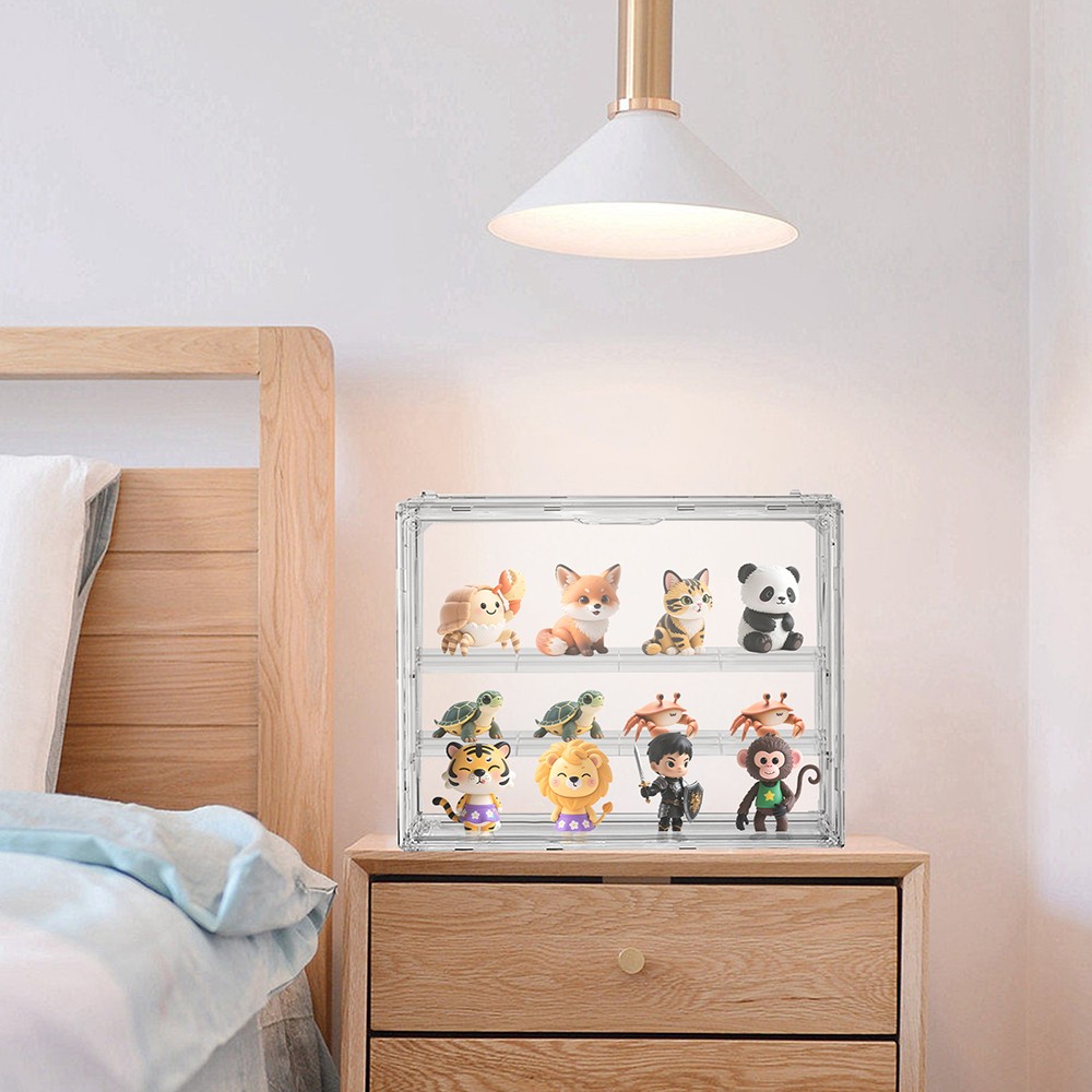 Clear Acrylic 3 Tier Figure Display Case with 2 Movable Plates Stackable Show