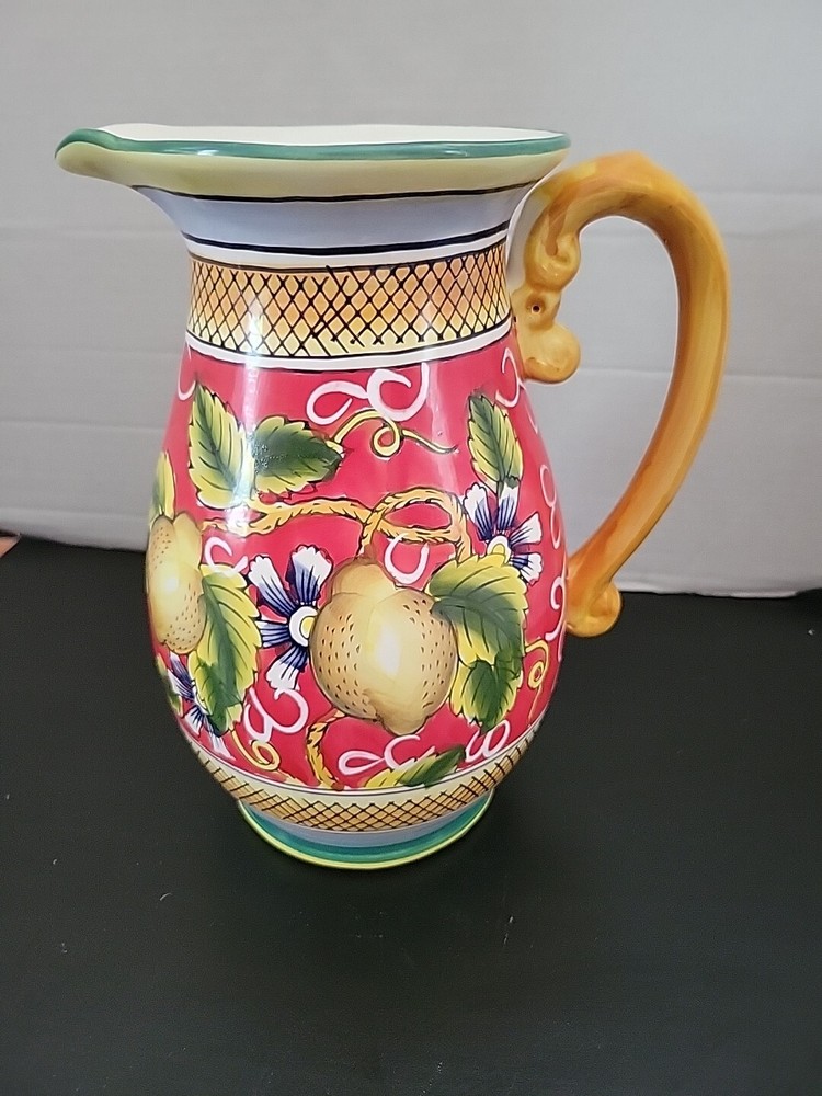 Hand painted Large Red Lemon Flowers Lattice Pitcher