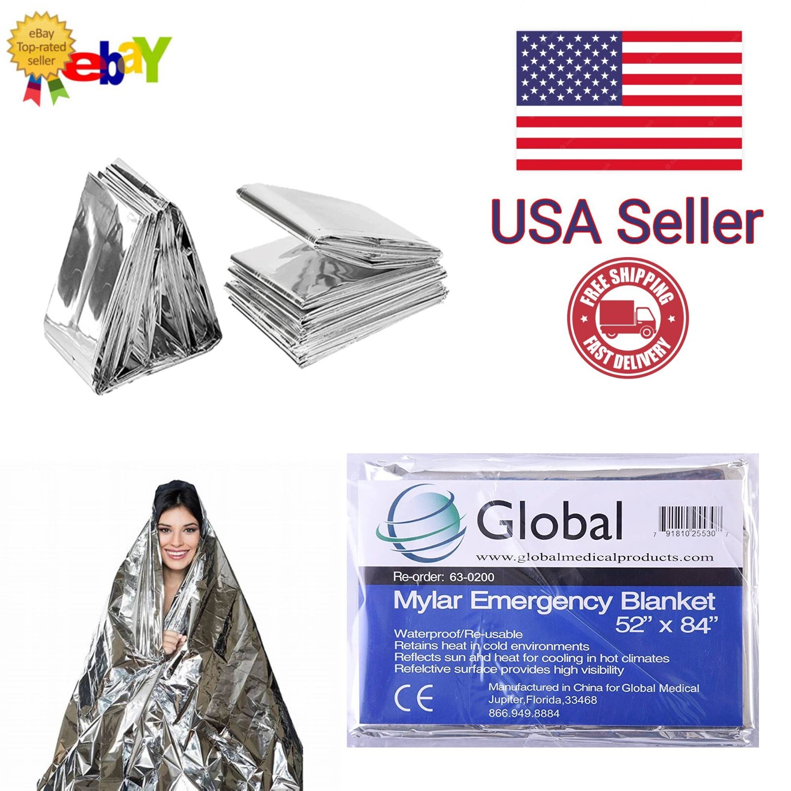 Emergency Mylar Thermal Blankets (Pack of 10), New, Free Shipping ! Large