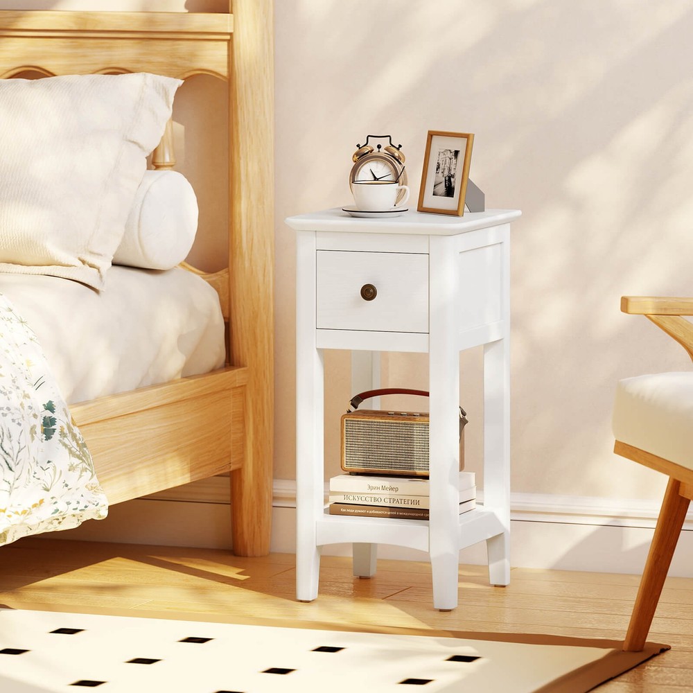 2PCS Nightstand 3-Tier Bedside Table w/ Open Storage Shelf & Narrow Side Table