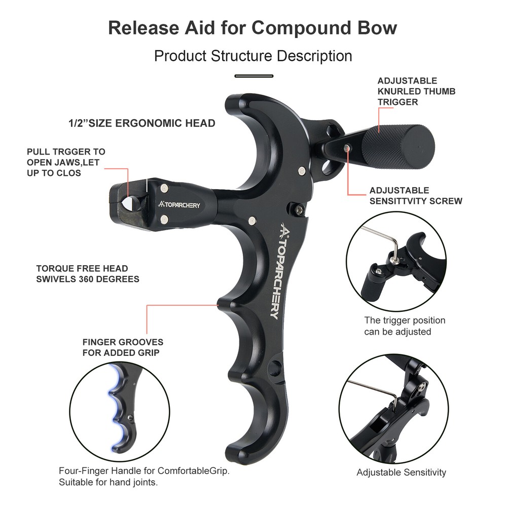 Archery Adjustable Rotate 360° Thumb Compound Bow Release Aid 4-Finger Release