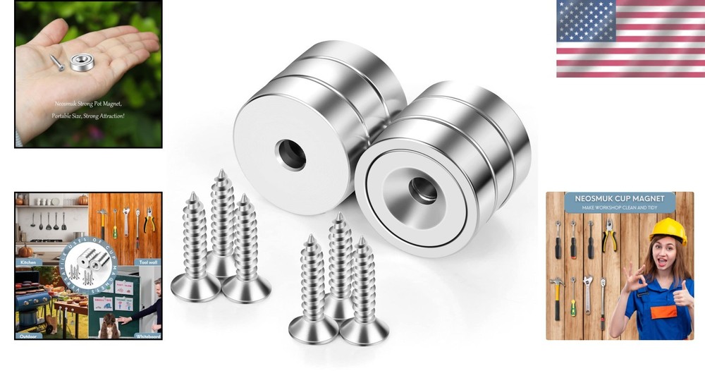 Strong Neodymium Mounting Magnets – 40lbs Pull Force with Screws, 6 Pack