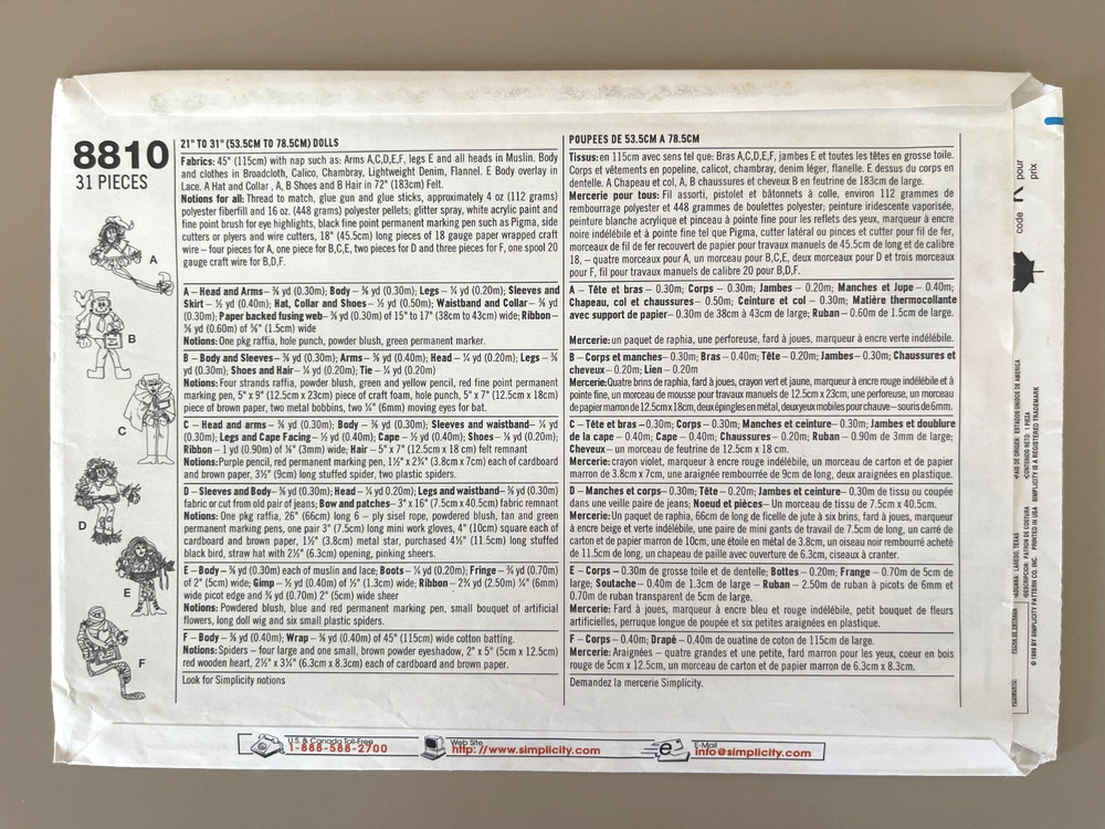 1990's Simplicity Halloween Dolls Pattern 8810 UNCUT