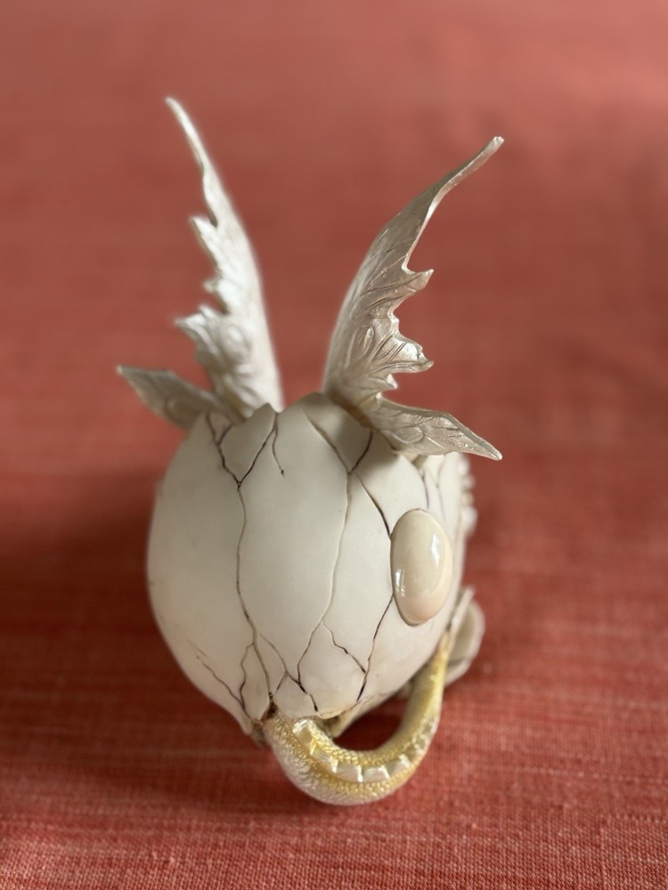 Dragon Egg Statue Figurine with October Birthstone, 5", Opal White