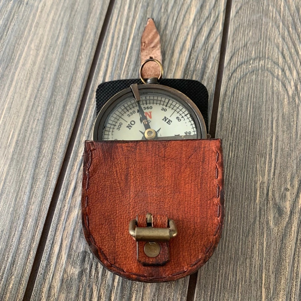 Vintage Brass Pocket Compass with Leather Case – Antique Navigation Compass