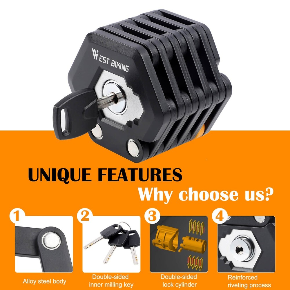 WEST BIKING Foldable Bike Chain Lock Bicycle Antitheft Security Lock With 3 Keys