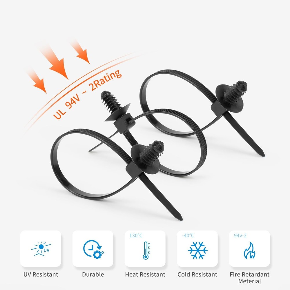110 PCS Automotive Installation Black Push Mount Cable Zip Ties Assorted Sizes,