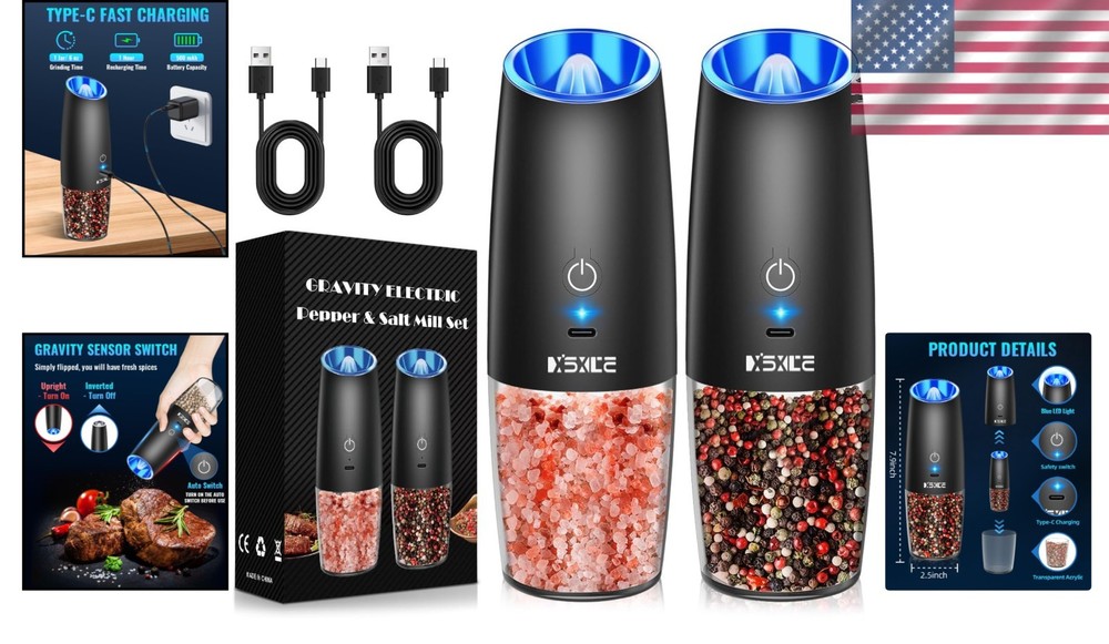 USB Rechargeable Spice Grinder Set with LED & One-Hand Operation - Black 2-Pack
