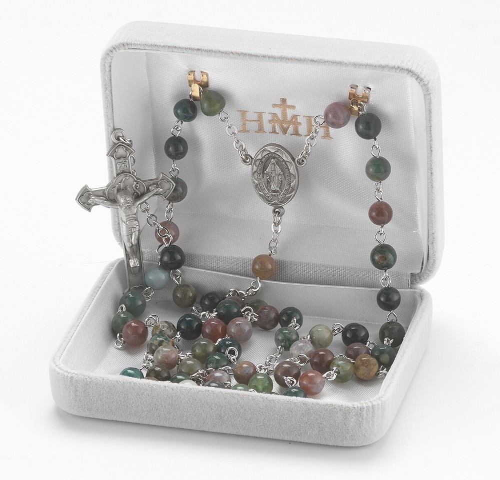 6mm India Agate Round Bead Rosary with  Pewter, 24", US Made, Gift Box