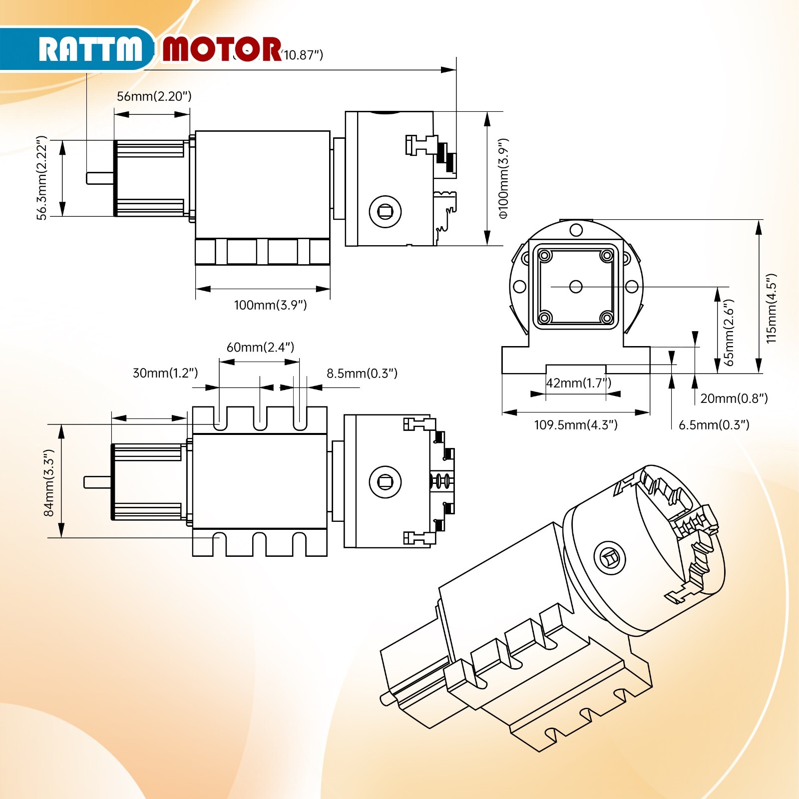【US】CNC 4th Axis Rotational A Axis 3 Jaw 100mm No Backlash Harmonic Gearbox 50:1