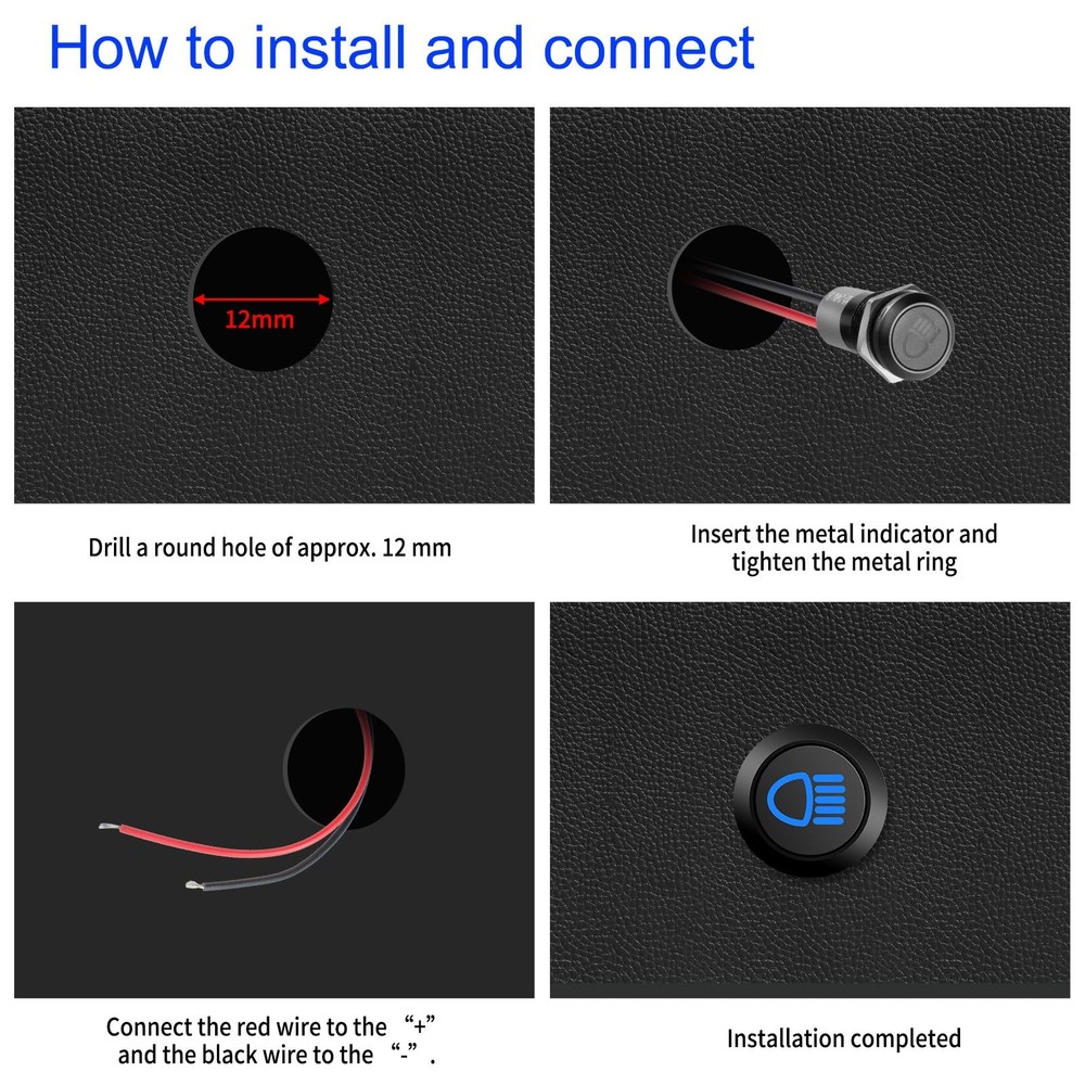 12V LED Indicator Small Light Waterproof, 1/2"(12mm) Panel Cutout Black