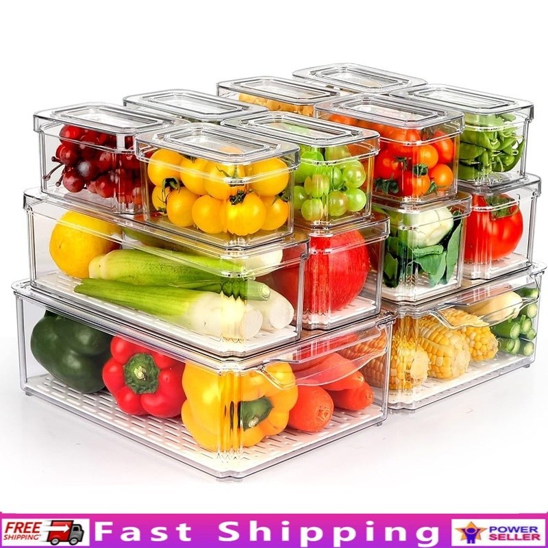 Stackable Fridge Organizer Bins W/ Lids 14 Pack Kitchen Storage Containers New
