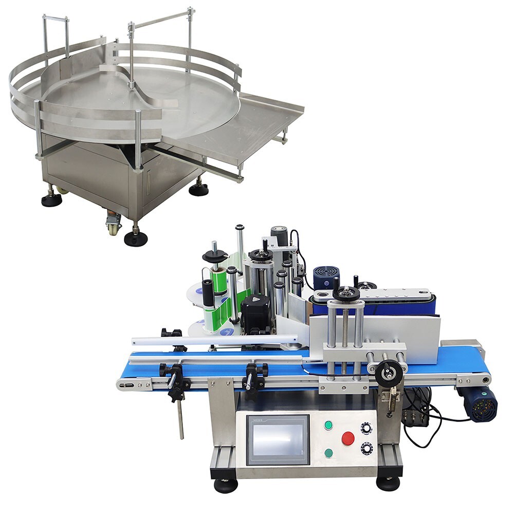 Auto Round Bottle Labeling Machine W/ Printer&39.3"Bottle Accumulation Table110V