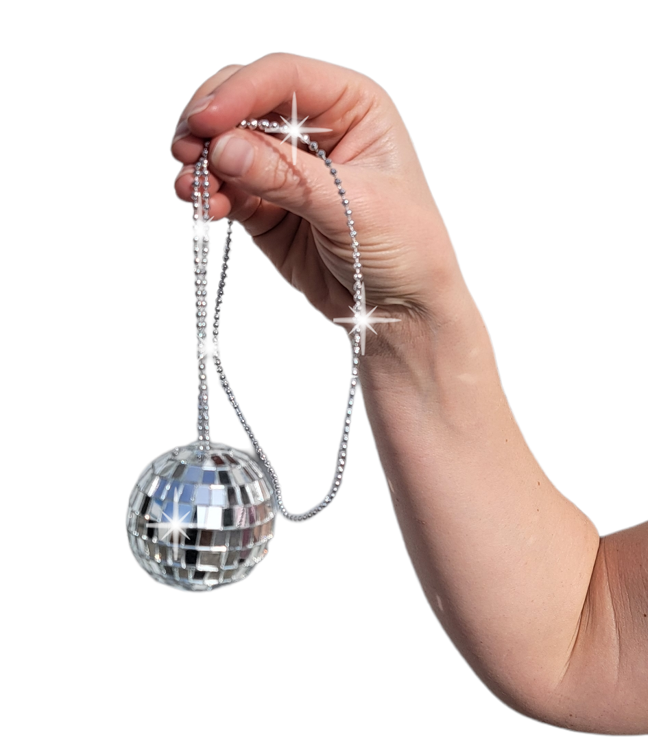2 Pack - Silver 70s Bling Mirror Disco Ball (2") 26" Chain Necklace Costume DJ