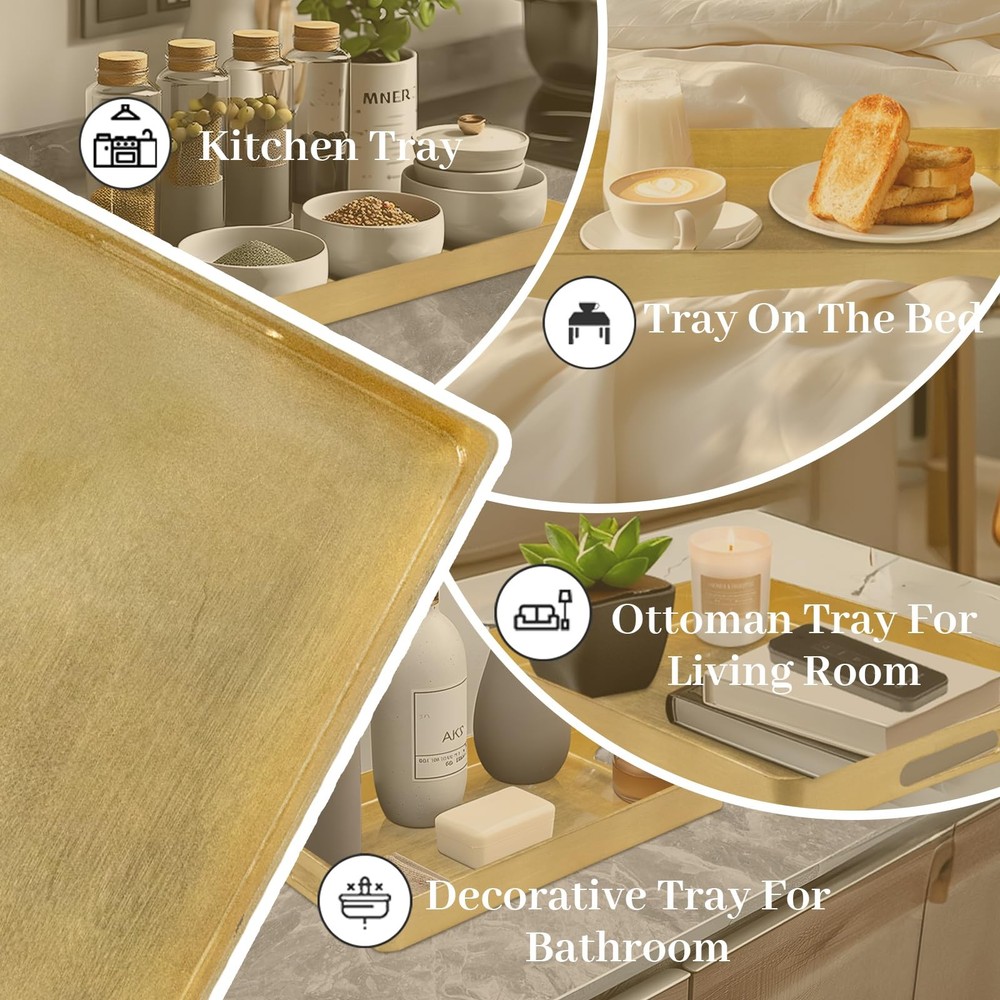 Gold Decorative Foil Serving Tray Handles Rectangular 11.8x8x1.6 Inch