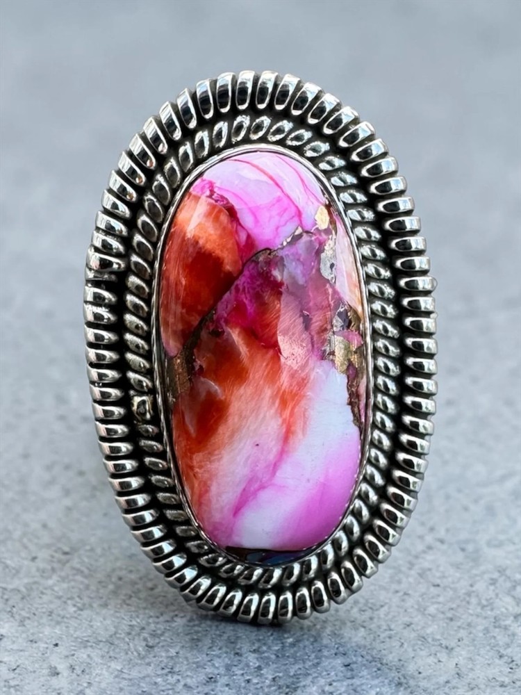 Kingman Pink Dahlia Turquoise Solid 925 Sterling Silver Ring – Size 10