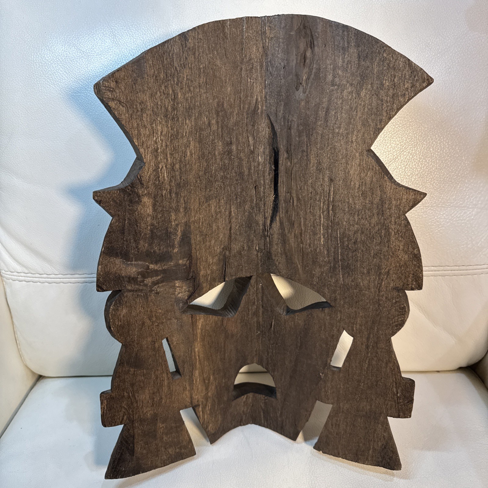 Mayan Hand Carved Mask Faces Reptiles two tone Wood Curved Hang Or Shelf Sit