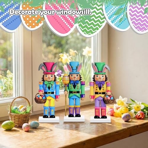3 Pcs Easter Nutcracker Decorations 7 in Wooden Traditional Multicolor Bunny