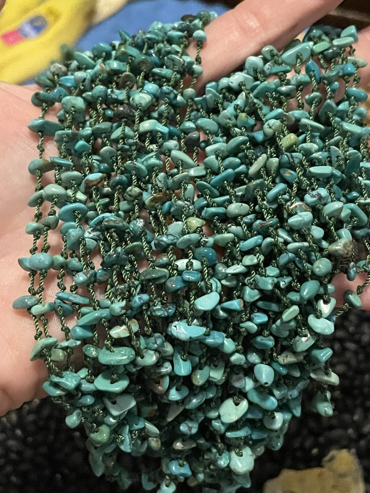 Sterling Silver Layered Multi strand Turquoise Chips Necklace Large Cones Toggle