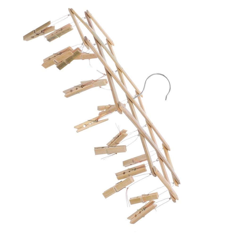 Bamboo Hanger Drying Rack With Space Saving Clothespin Hooks