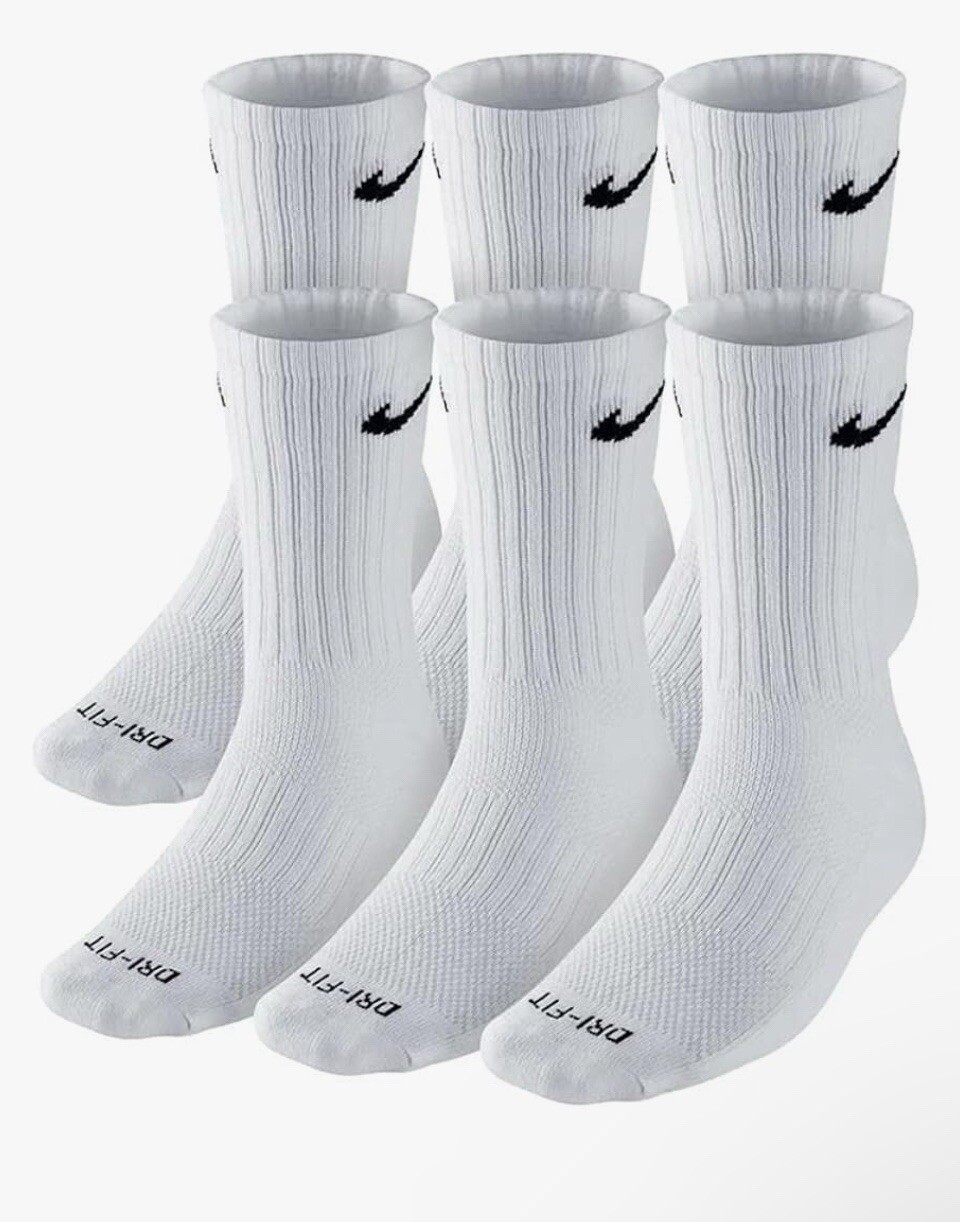 Nike Dri Fit Dry Cushioned Cotton Crew Socks 6 Pairs LARGE WHİTE