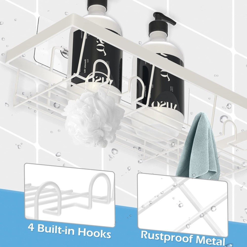2 Pack Adhesive White Shower Caddy Organizer with Hooks, Rustproof No Drillin...