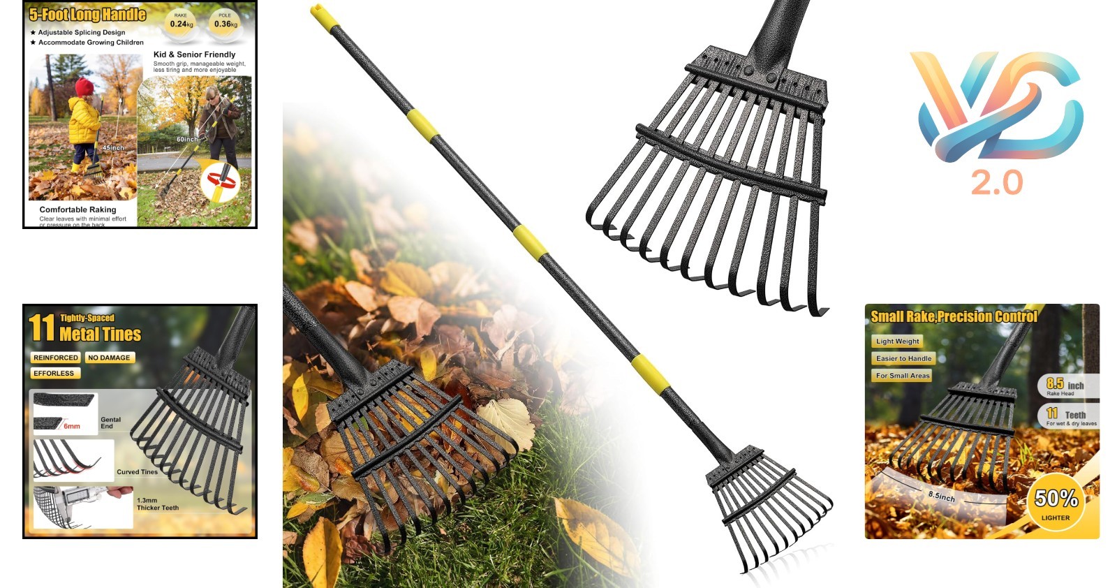 Heavy Duty Garden Leaf Rake 8.5" Wide Extendable Handle Compact Steel