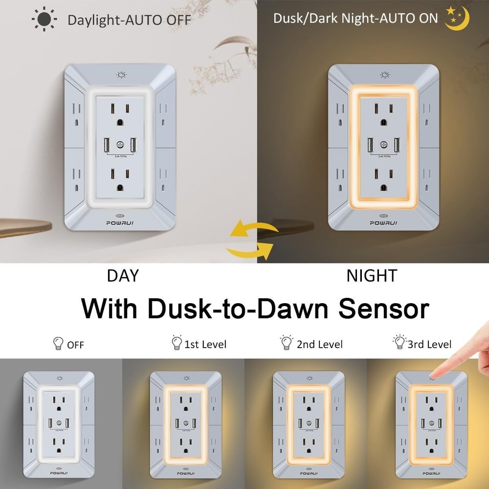 Stylish Grey 6-Outlet Extender with USB Ports & Smart Night Light Function