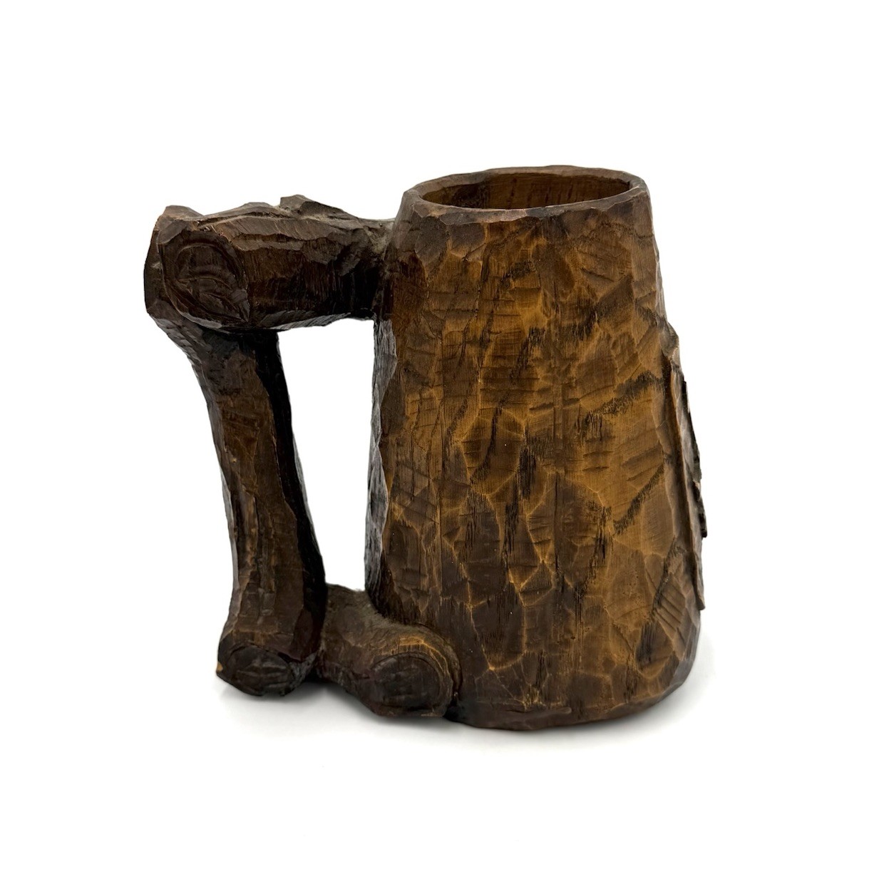 Hand Carved Wood Tankard Mug Lion Crest Rustic Medieval Decor