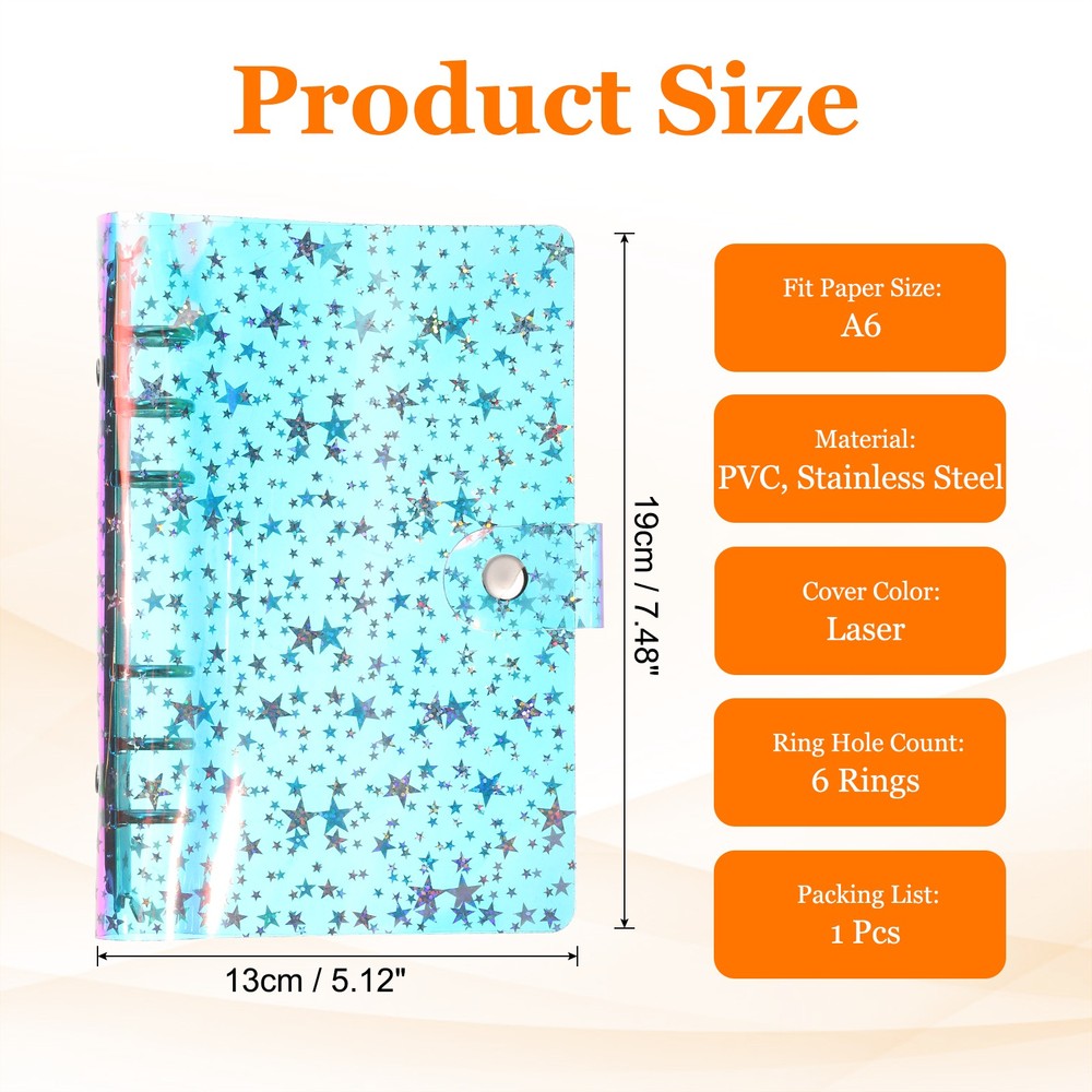 A6 Binder Cover, Stars Refillable Notebook Shell with Snap Button, Laser