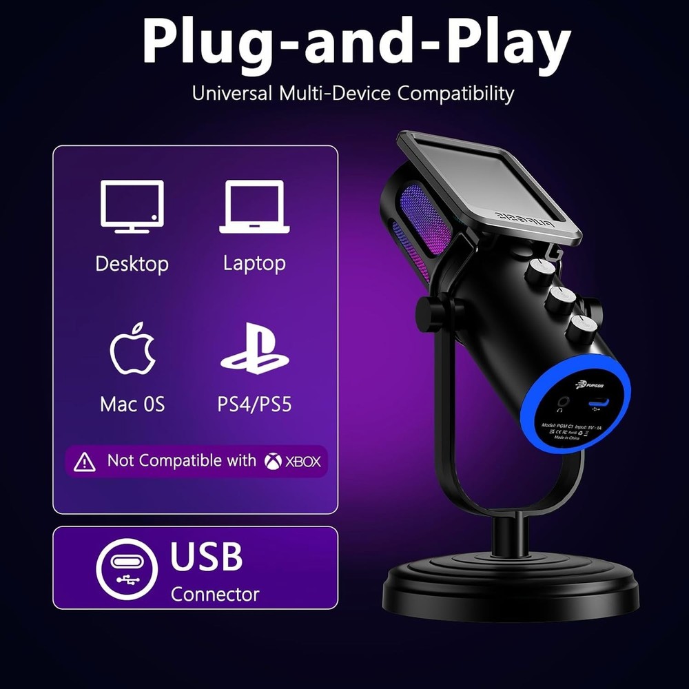 Professional USB Condenser Microphone for Streaming with RGB & One-Touch Mute