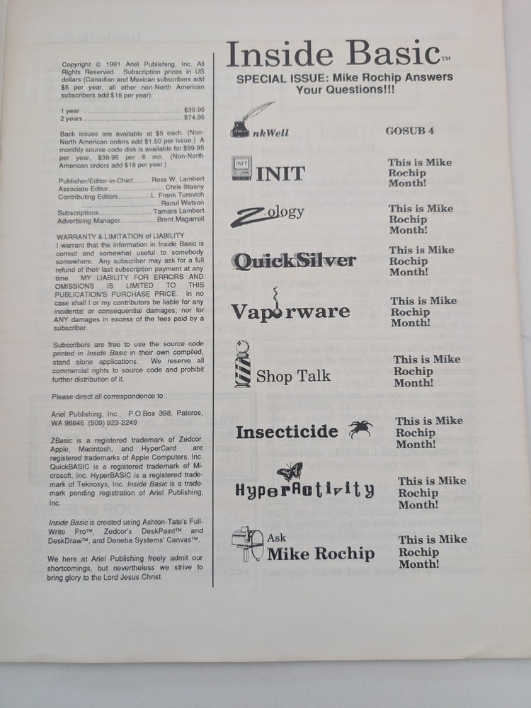 Inside Basic Vol 1 No 6 June 1991 Journal of Macintosh BASIC Programming Catalog