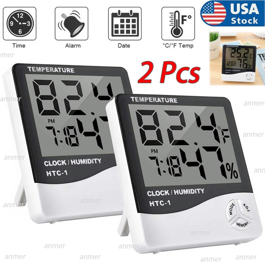 2 Pcs Digital LCD Hygrometer Thermometer Humidity Temperature Alarm Clock
