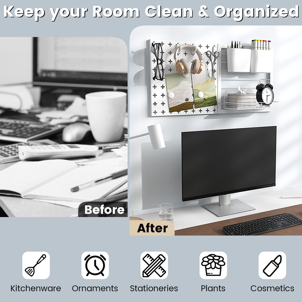 Pegboard Combination Wall Organizer Kit Display Panel Kits w/ Shelf & Hooks