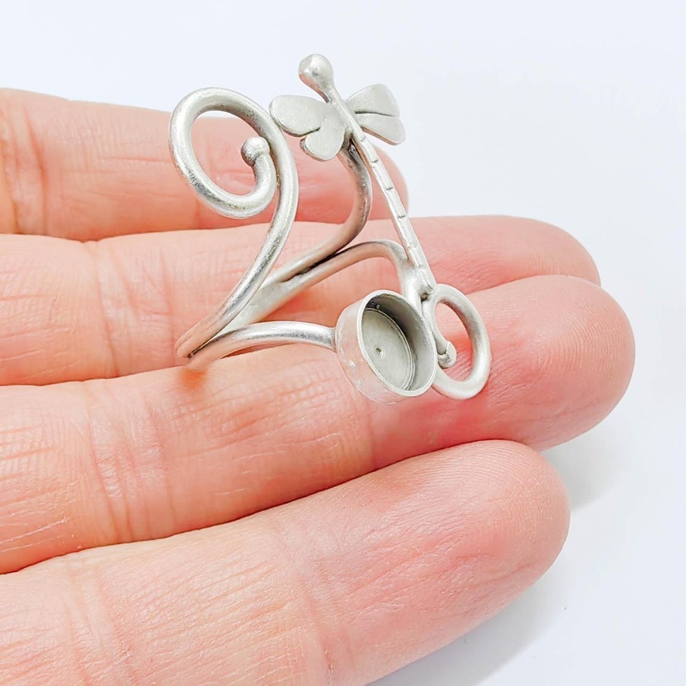 Dragonfly Ring Base Bezel Settings Adjustable Antique Silver Brass 8mm G37847