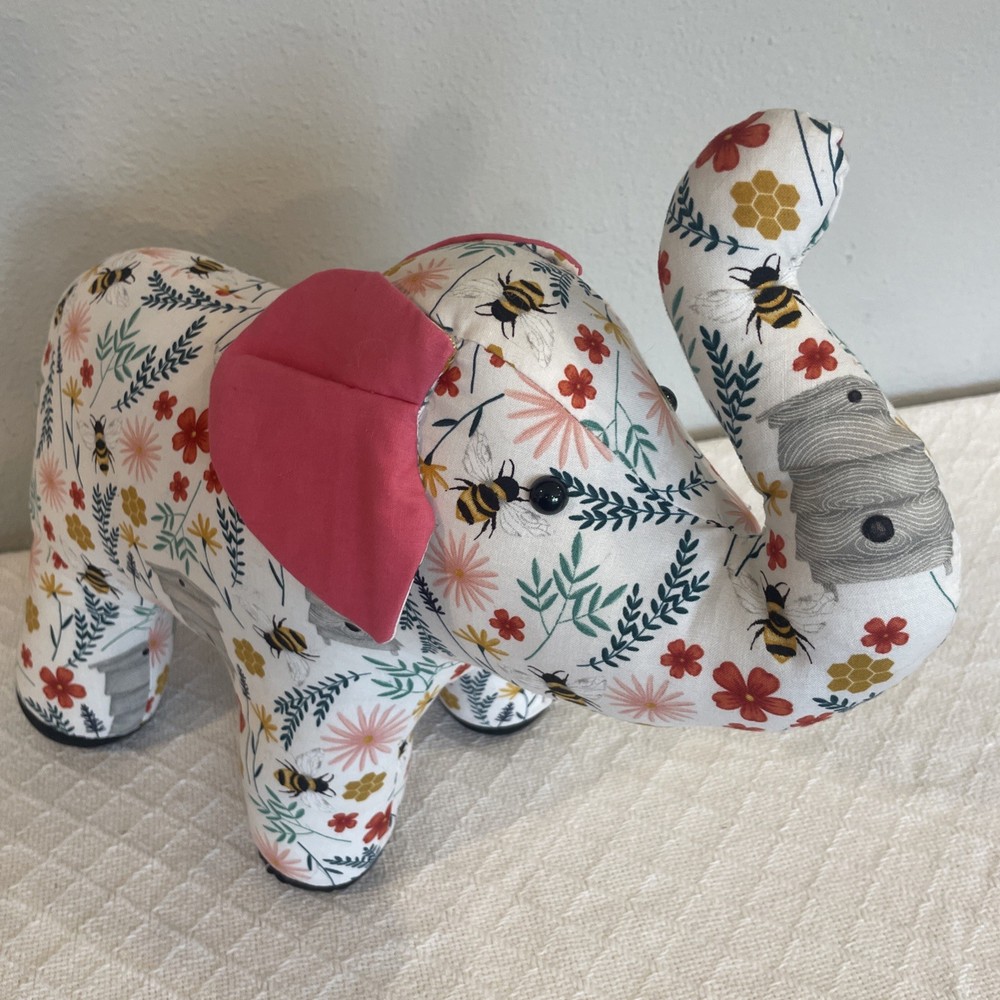 Handmade Bumblebee Print Springtime Elephant! Stuffed Cotton