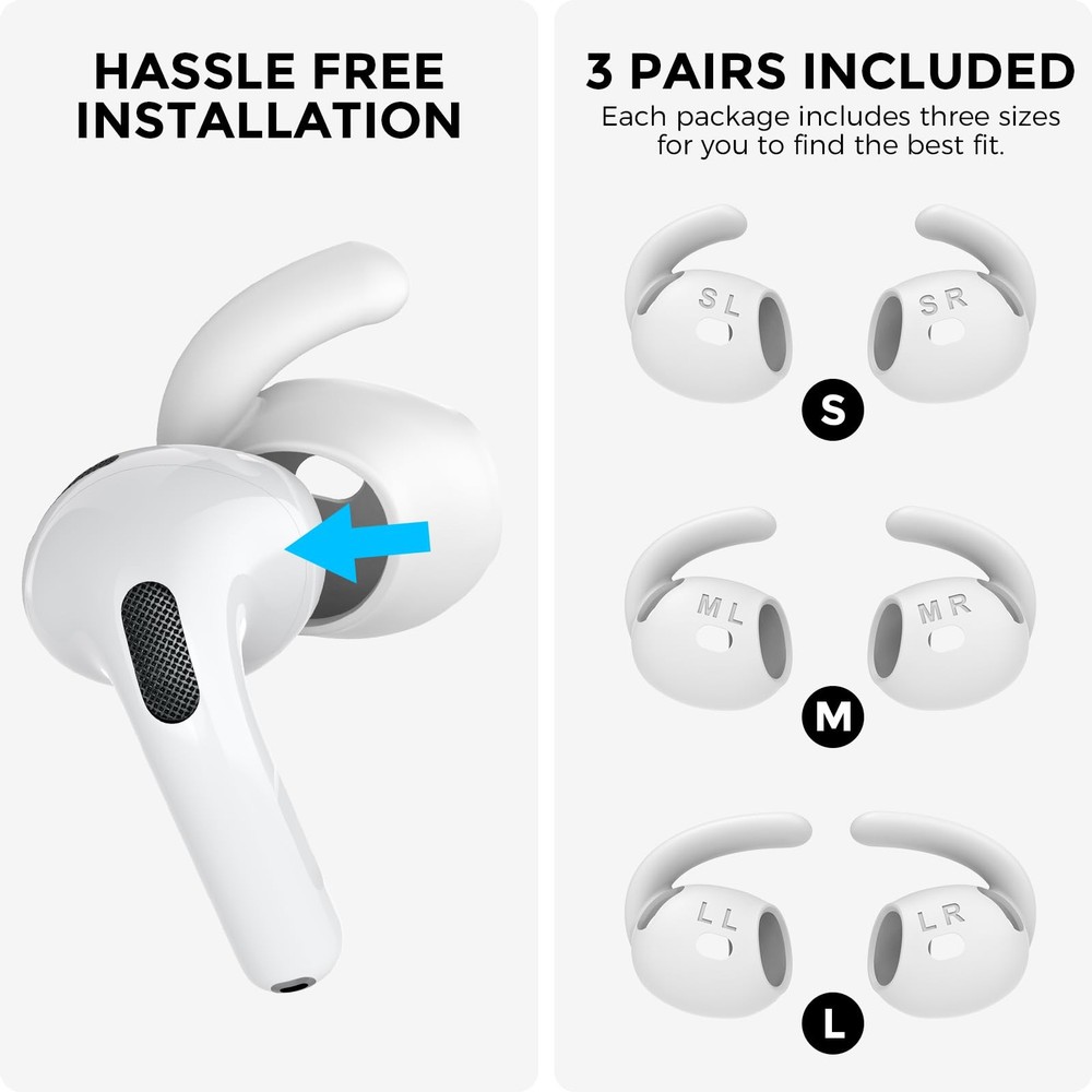 AhaStyle Ear Hooks for AirPods 4th Gen [Large+Medium+Small, White]