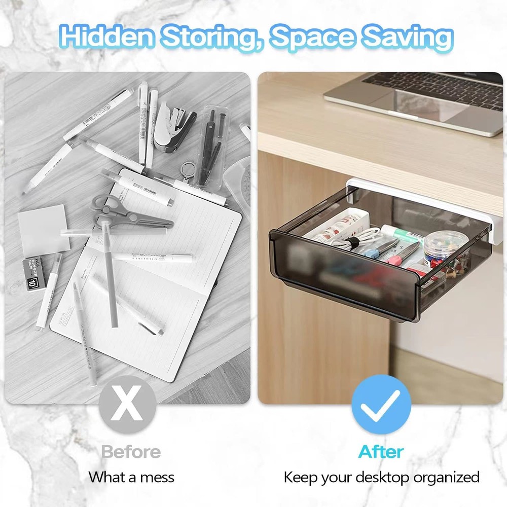 Self-adhesive Under Desk Drawer Organizer, 2 Pack Table Hidden Slide Out Larg...