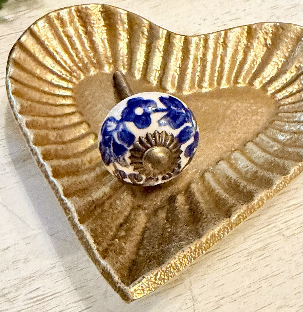 2 White Blue Antique Ceramic Porcelain Brass Drawer Cabinet Knobs Pulls 1.25"