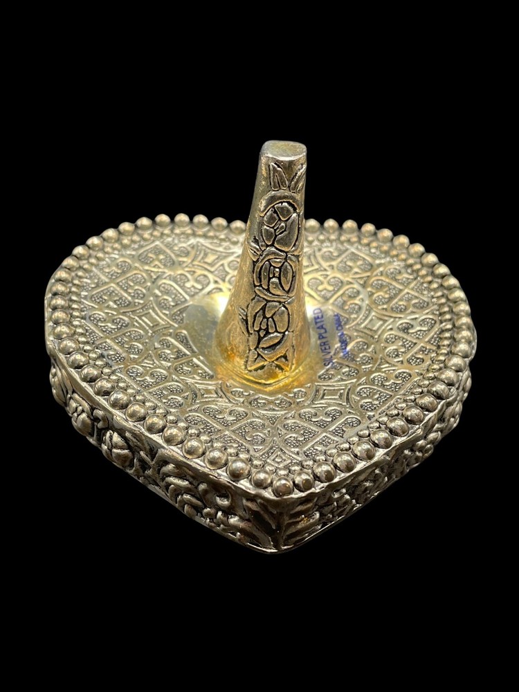 Silver Plated Heart Shaped Rose Design Ring Holder Trinket Dish