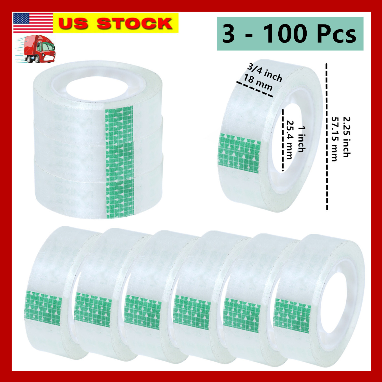 3-100 Rolls Crystal Small Clear Transparent Tape Dispenser Refill 3/4" x 1000"
