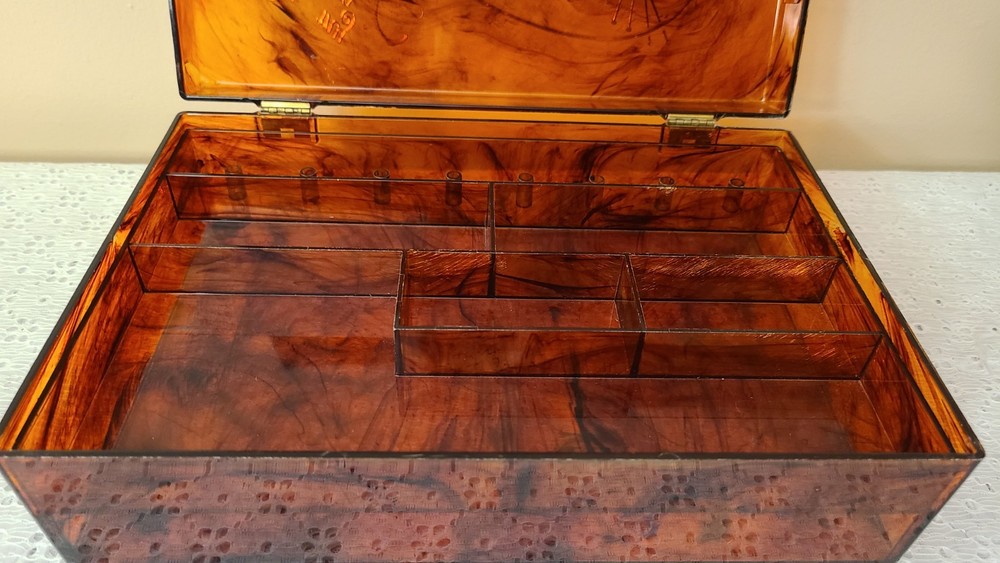 Vintage Lucite Tortoise Shell Sewing Box Embedded Notions Scissors Spools Button