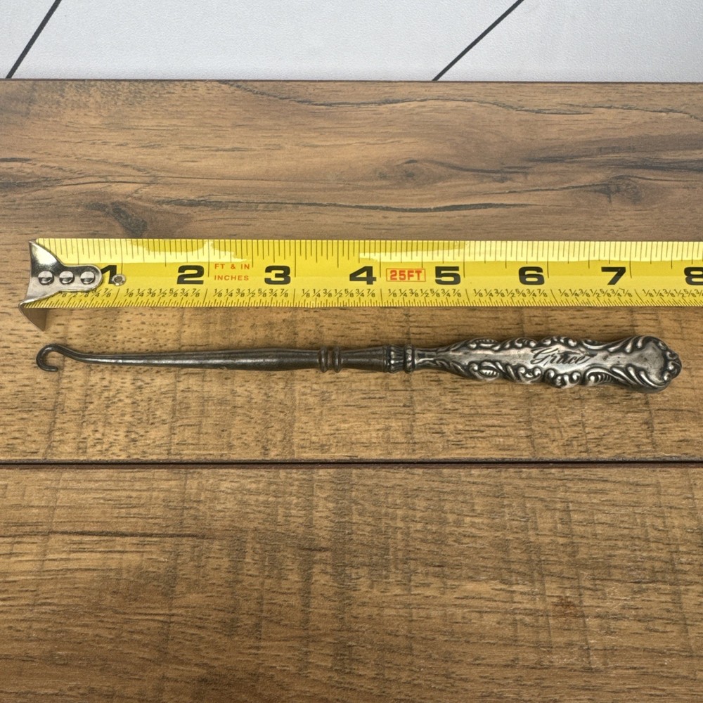 Antique Sterling Silver Handle Button Hook Beaded Floral & Scrolling Design