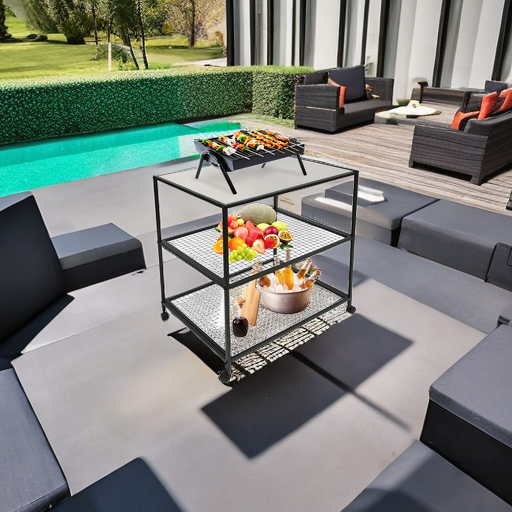 Movable Dining Cart Outdoor BBQ Food Prep Table Kitchen Serving Table 3 Tier