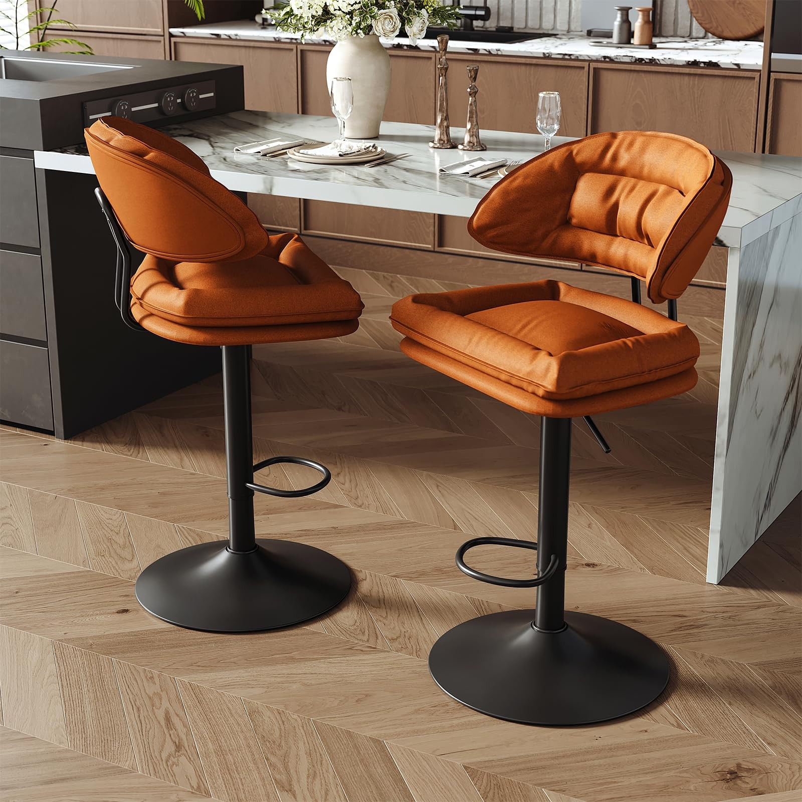 Modern Bar Stools Set of 2 Ergonomic Upholstered Swivel Adjustable Orange