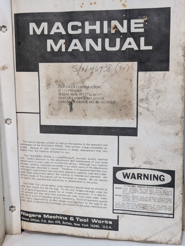Niagara Machine Manual for E-110 OBI Open Back Inclinable Machine Press